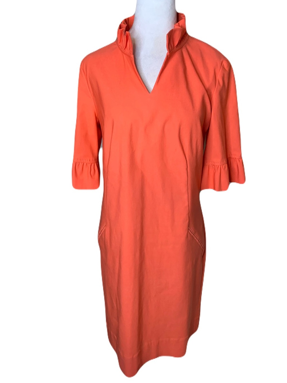 Sara Campbell Women’s Size 10 Coral High Neck Ruffle Trim Dress Career V Neck